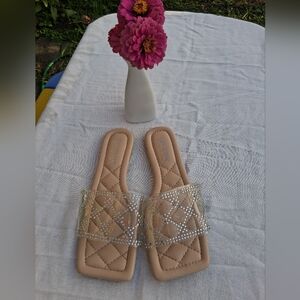 Elegant Beige Slide Sandals with Rhinestone Accents